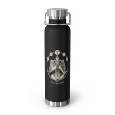 a stainless steel water bottle with an emblem on the front and side, in black