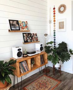 a living room with plants and bookshelves on the wall next to a rug