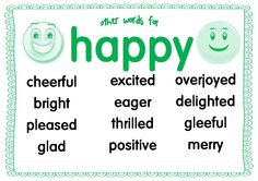 the words happy are written in green and white with two smiley faces on each side