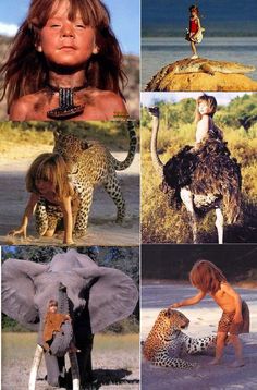 some pictures with animals and people on them in the same photo, one has an ostrich