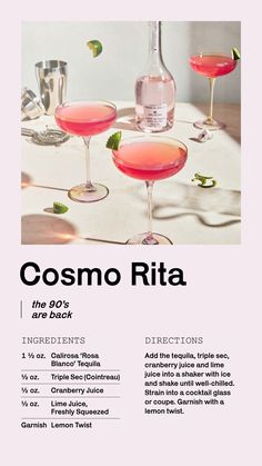 the cocktail menu for cosmo rita is shown in black and white, with pink drinks