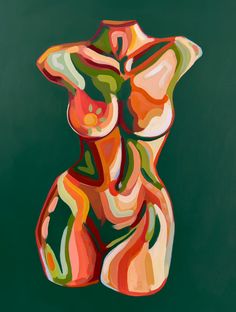 an abstract painting of a woman's torso in multicolored lines on a green background