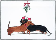two dachshunds wearing christmas hats under a mistle hanging from a tree
