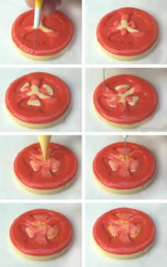 the process of making cookies with icing and fondant flowers on them is shown