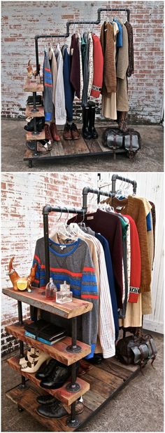 an industrial style clothing rack with shoes, sweaters and other items on it in front of a brick wall