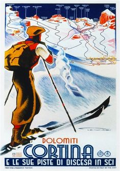 an old poster advertising skiing in the mountains