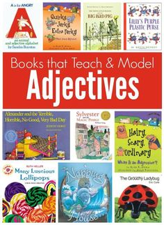 children's books that teach and model adjectities, with the title in red