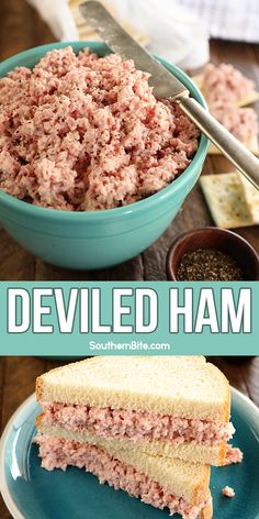 a sandwich cut in half on a blue plate with the words deviled ham over it