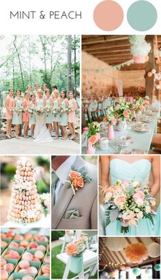 peach and mint green wedding color palettes for the bride, groom, and guests