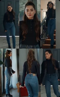 the young woman is walking down the stairs in her black shirt and jeans, with long hair