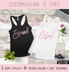 two women's tank tops with the words squad and bride on them, sitting next to each other