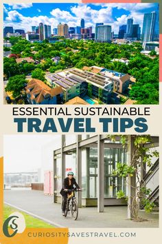 a person riding a bike in front of a building and trees with the words essential travel tips