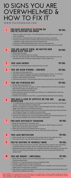 10 Signs You Are Overwhelmed & How To Fix It | Tulipandsage.com Mindfulness, Motivation, Coping Skills, Mental Health, Stress Management, Health And Wellbeing, Self Improvement Tips, Emotional Health, Depression And Anxiety