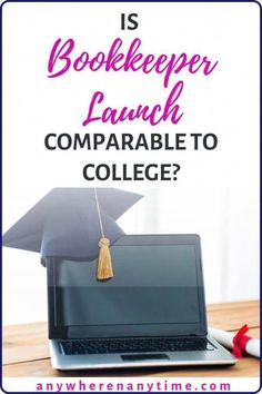 a laptop computer sitting on top of a wooden desk with the words is bookkeeper laugh compatible to college?