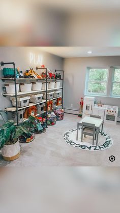a room filled with lots of toys and shelves next to a large potted plant
