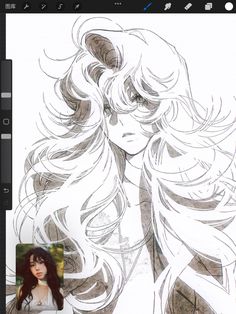 an anime character with long hair is shown on the screen, next to a drawing