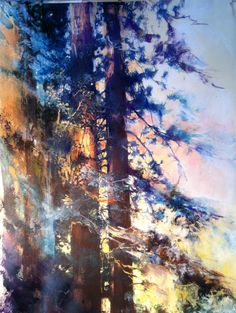 an abstract painting of trees in the woods