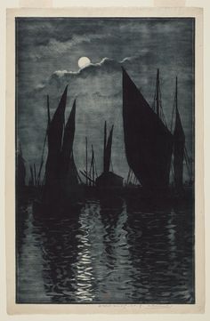 an image of sailboats in the water at night with moon and clouds above them
