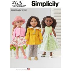 three dolls are standing next to each other in dresses and hats, with the words simplicity written on them