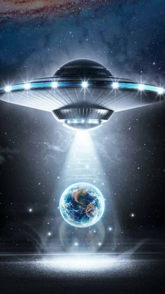 an alien spaceship flying over the earth in space