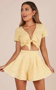 Pacific Beach two piece set in yellow gingham Beach Outfits, Summer Outfits, Casual, Beachwear Collection, Beachwear, Trendy Swimwear, Two Piece Outfit