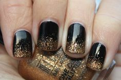 Black nails with gold glitter gradient tips. Gold Nails, Gradient Nails, Gold Manicure