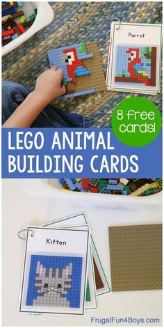 lego animal building cards with instructions to make them look like they're playing on the floor