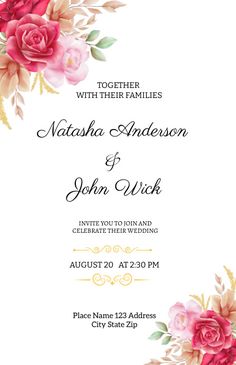 a wedding card with pink flowers and gold trimmings on the bottom, in front of a white background