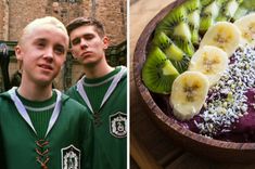 two men standing next to each other in front of a bowl filled with bananas and kiwi