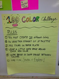 a bulletin board with writing on it in front of a whiteboard that says 100 color challenge