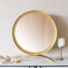 Zandar Small Round Gold Table Mirror, Boho Style (H51.5 x W46 x D15cm) Round Gold Mirror, Gold Mirror, Gold Glass, Small Gold Table, Gold Table, Table Mirror, Small Mirrors, Dressing Table Mirror