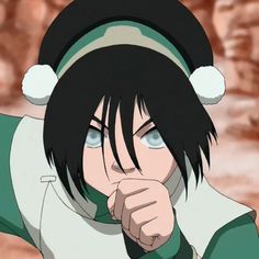 an anime character with black hair wearing a green and white outfit looking at the camera