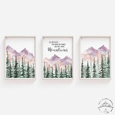 three watercolor paintings with mountains and trees on them, one is saying let the sleep be