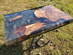 Resin End Table - 3D Resin Art Table - English Walnut, Natural River Rocks and Glass Table