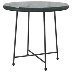 a round glass table with black metal frame and wheels on the bottom, against a white background