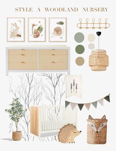 a baby's nursery with neutrals and green accents, including an animal - themed crib