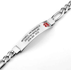 "Our stainless steel medical ID bracelet can be custom engraved on both sides of the bracelet with your personal information. With its beautiful figaro links this bracelet can be personalized with a persons name and medical history to ensure safety at all times. This custom engraved medical bracelet is made from high quality stainless steel and will never rust, corrode or change color. Please Let Us Know Your Size Fits Wrist Sizes: 6\" - 8.5\" (please measure wrist prior to purchase) Finish:High Bracelets, Medical Id Bracelets, Medic Alert Bracelets, Medical Bracelet, Alert Bracelet, Allergy Bracelet, Personalized Bracelets, Id Bracelets, Custom Engraved Bracelet