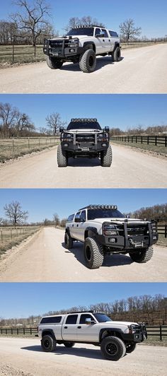 four different pictures of the same truck in three different stages, one is white and the other is black