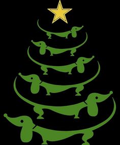 a green christmas tree with dachshunds around it and a star on top