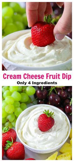 cream cheese fruit dip with strawberries on top and grapes in the background, ready to be eaten