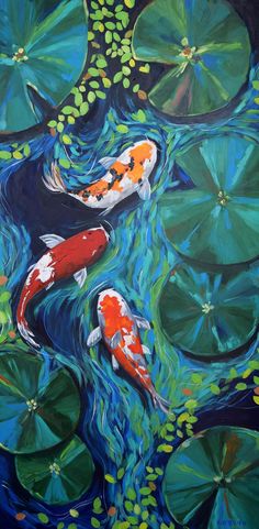two koi fish are swimming in the pond with lily pads and green water lilies