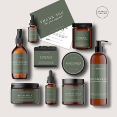 an assortment of skin care products on a gray background with the words thank you written in green