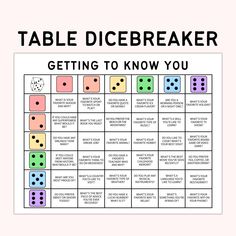 a game board with dices on it that says table dicebreakerr getting to know you