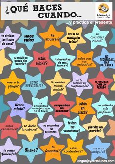the words in spanish are written on stars and have different colors, shapes, and sizes
