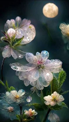 flowers with water droplets on them in front of the moon