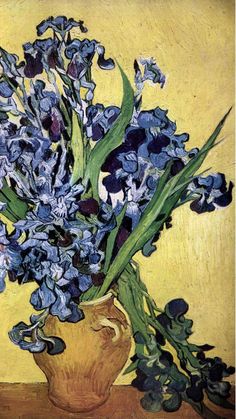 a painting of blue flowers in a vase on a table with yellow wall behind it