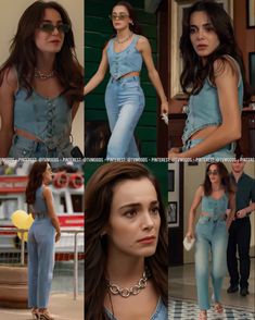 a collage of photos of a woman in blue jeans and heels with her hand on her hip
