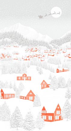 a snowy landscape with red houses and a sleigh in the sky above it