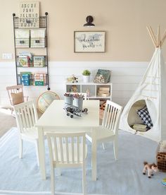 a child's playroom with a teepee tent in the corner