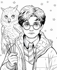 harry potter with an owl on his arm coloring pages for adults and children to color